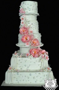 7 tier wedding cake with peonies and edible gems by Three Brothers Bakery