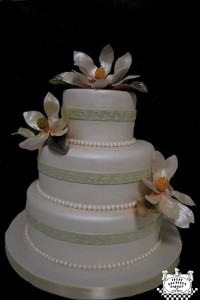 3 Tier Wedding cake with Pale Green Textured Band and Sugar Magnolias