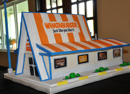 Whataburger building cake by Three Brothers Bakery